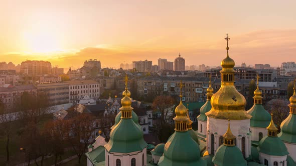 Aerial view of Kyiv city, St. Sophia Cathedral at sunset, Ukraine,  4k time lapse