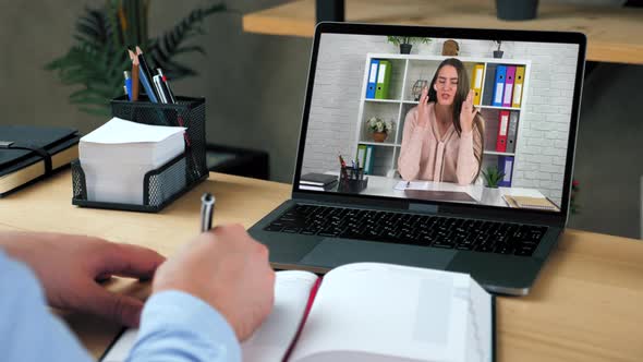 Depressive Woman in Computer Screen Emotionally Talks About His Problem Online alt