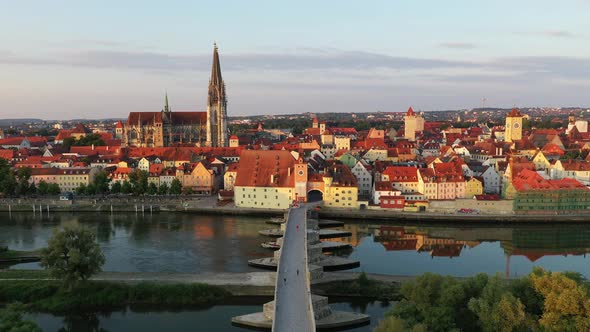 Drone shot of Regensburg historical center, UNSECO world heritage site alt