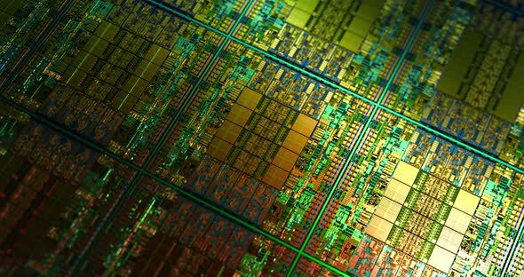 Close-up Macro of modern CPU Die Chip Processor on wafer 