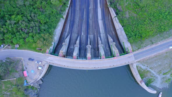 Aerial View Of Water Flowing At The Tavera Dam. Presa De Taveras In Santiago Province, Dominican Rep alt