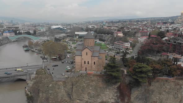 Aerial view of Metekhi church in the center of Tbilisi, Georgia alt