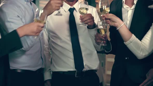 Successful Business People Drink Wine and Champagne in Ball Room Dinner Feast alt