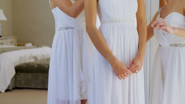 Happy bridesmaids wearing head wreath and getting bride ready 4K 4k alt