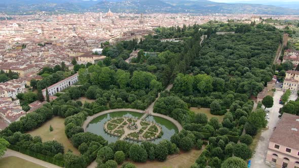Flying over Boboli gardens in Florence, Tuscany, Italy, Europe alt