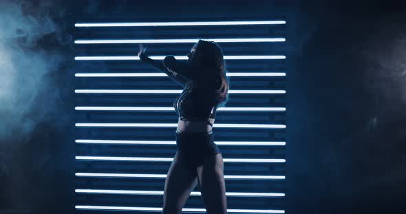 Girl Seductively Dancing in the Dark, Silhouette Figure. Tubers of Smoke, Sexual Body Movements alt
