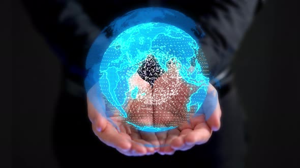 The World In Your Hands Earth In Hands Technology World Digital Map Business man