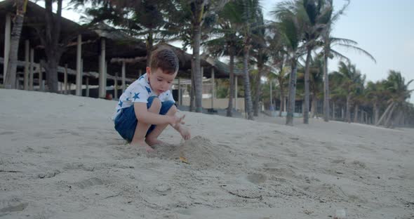 Kid Builds a Pyramid with His Hands From Sand Little Boy Plays with Sand Against the Background of alt
