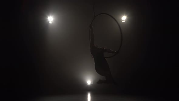 Silhouette Young Caucasian Brunette Sportive Dancer Female Balancer in Beige Leotard Back Lying Hang alt