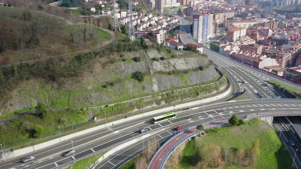 Drone view of Bilbao; beautiful cityscape of Basque country capital in sunny winter day alt