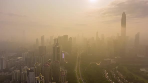 Shenzhen City in Morning in Haze. China. Aerial View, Stock Footage