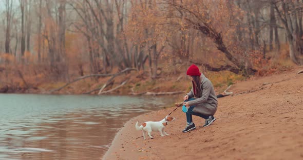 Puppy Pulls the Mistress To the River for a Horseshoe, a Canopy Walk. Girl Is Sitting By the River alt