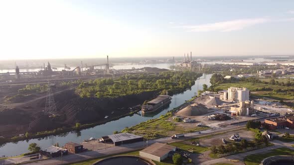 River By A Water Treatment Facility At Zug Island, Detroit MIchigan - aerial shot alt