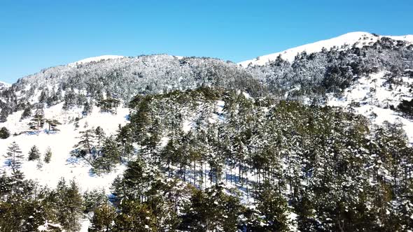 Moving over a snow covered mountain on a clear day