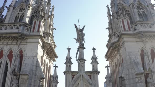 Close Up Monuments of Roman Catholic Church of Saint Nicolas in Kyiv. Aerial Footage alt