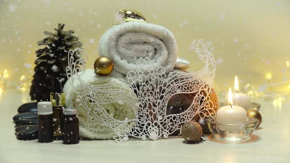 Spa Salon Items and Attributes with Christmas Decorations in Mild Snowfall, Beautiful Christmas alt