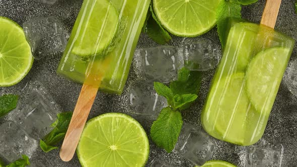 Frozen fruit juice popsicles with fresh lime slices, green mint leaves and ice cubes alt