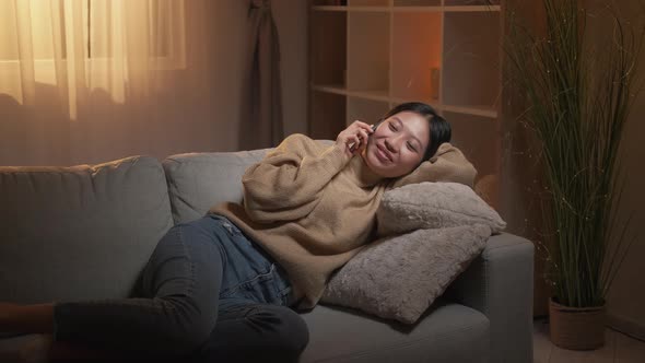 Home Phone Call Evening Rest Relaxed Girl on Couch alt