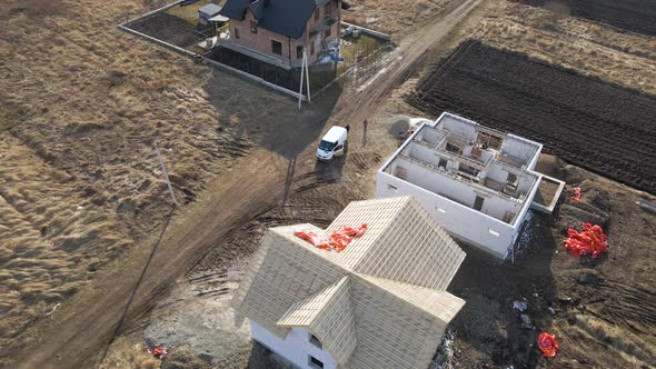 Aerial View of Unfinished Frame of Private House with Aerated Lightweight Concrete Walls and Wooden alt