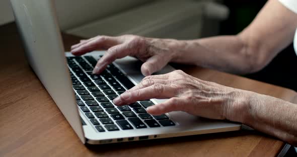  Elderly Female Hands Typing on Notebook