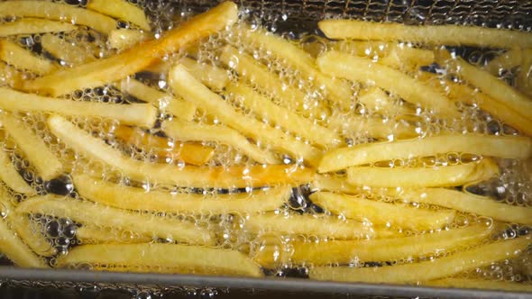 Close Up of French Fries is Cooking Into Deep Fryer alt