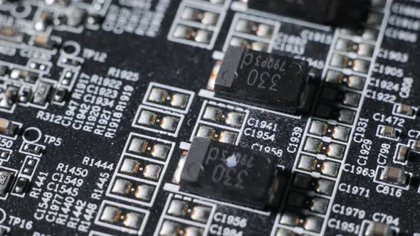 graphics card GPU circuit board, capacitors and fuses, microchip and transistor, processor CPU alt