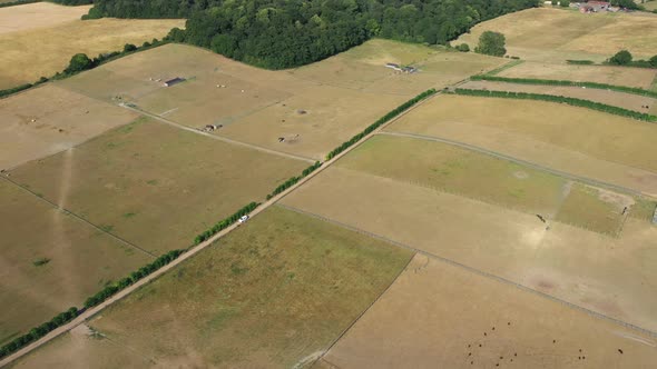 Top Down View of Car Driving Across Green Yellow Wheat Field Farn Greenhouses