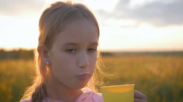 Cute Little Girl in the Field Eating a Bread and Drinking Milk at Sunset. Healthy Eating Concept. alt