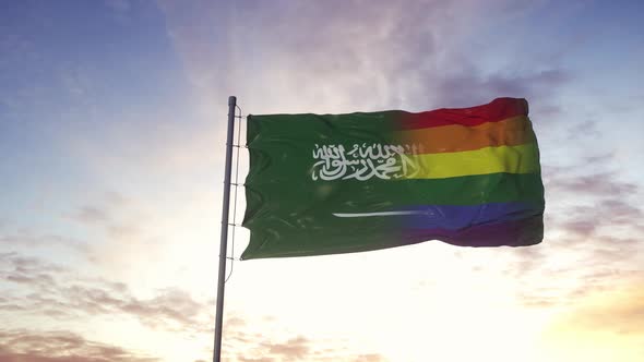 Waving National Flag of Saudi Arabia and LGBT Rainbow Flag Background alt