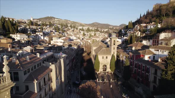 Mudejar church on Darro river in Granada; aerial view of city