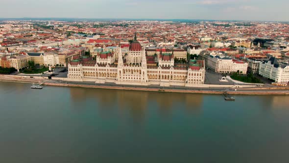 Aerial Establishing View of Budapest Cityscape with Landmark Hungary Parliament