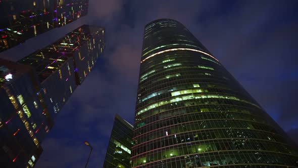 A Huge Business Center of Several Highrise Towers at Night