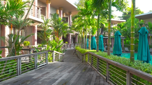 Wooden Bridge To Island Beach Resort, Beautiful Colorful Rainbow Over Fresh Green Palm Trees, Luxury