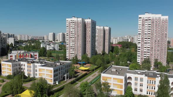 The Cityscape in Moscow From Above, Residential Buildings, School and Kindergarten. Russia