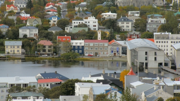 Top View of Reykjavik City with Lake Tjornin in Autumn Time, Calm Cityscape, Colored Living Houses