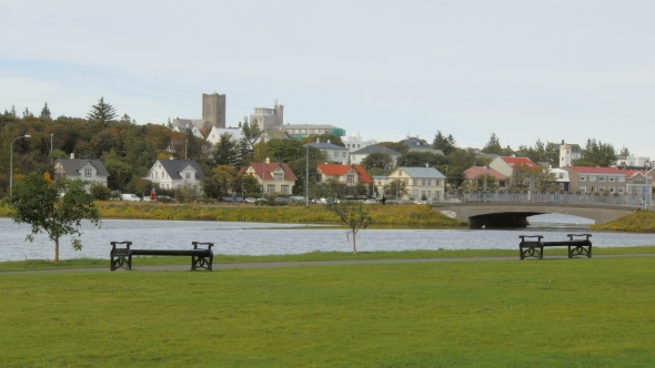 Calm Cityscape in Reykjavik, Lake Tjornin, Small Cottages with Multi Colored Roofs