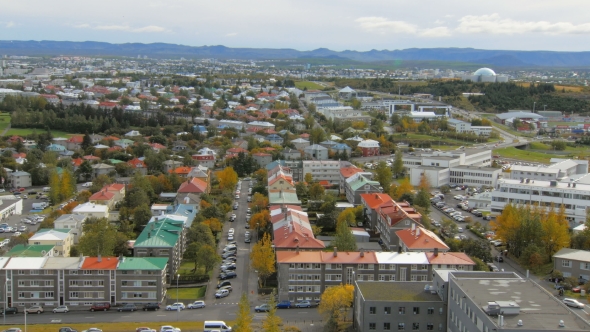 Panorama of Reykjavik City From Top in Autumn Time, View on Multi Colored Roofs