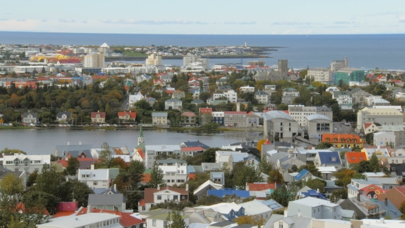 Top View on Panorama of Reykjavik City, Lake Tjornin and Seltjarnarnes Peninsula in Autumn Time