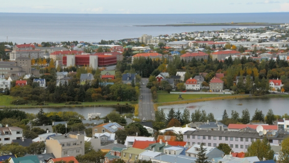 Top Panorama of Reykjavik City with Lake Tjornin in Autumn Time, Calm Cityscape