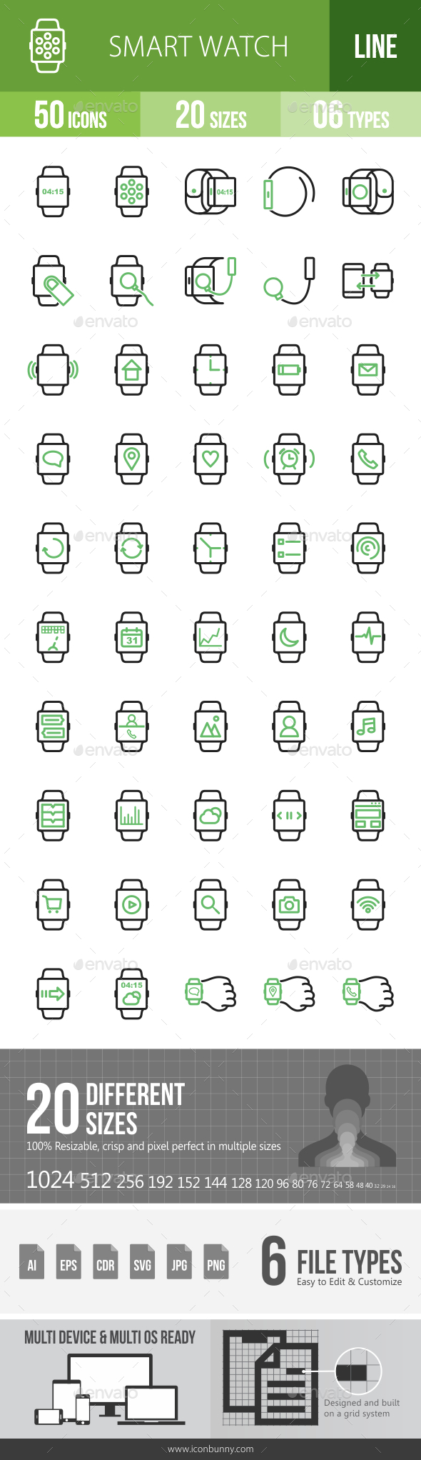 Smart Watch Line Green & Black Icons - Icons
