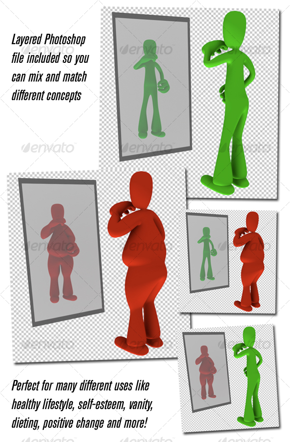 Fat and thin person looking in mirror - People Illustrations