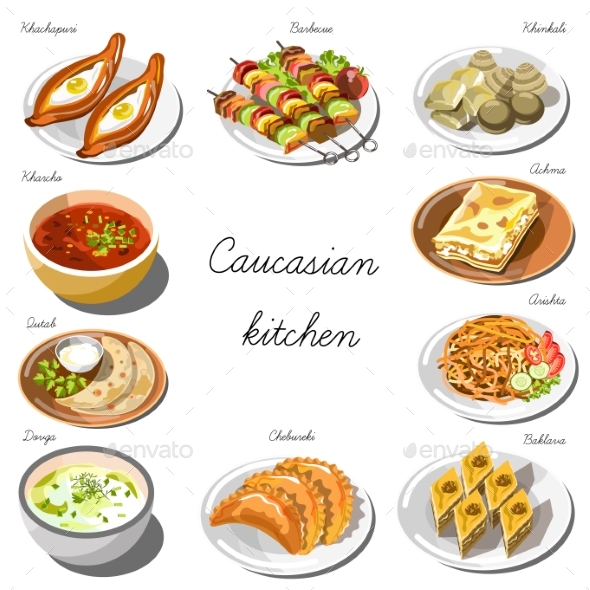 Caucasian Cuisine Set. Collection of Food Dishes - Food Objects