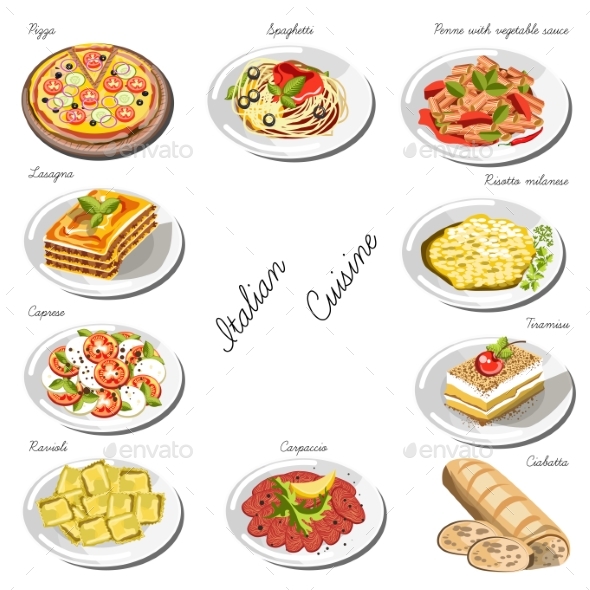 Italian Cuisine Set. Collection of Food Dishes - Food Objects