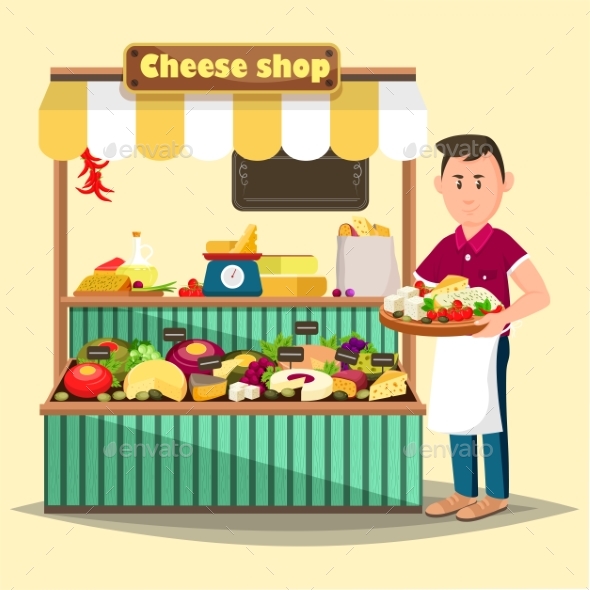 Showcase with Man Selling Cheese Products - Food Objects