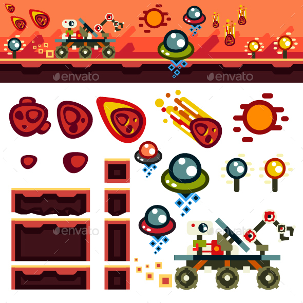 Red Planet Flat Game Level Kit - Objects Vectors
