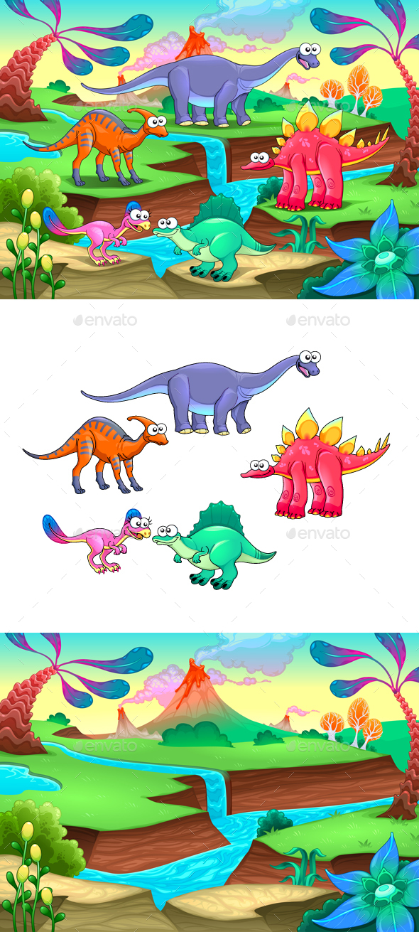 Group of Funny Dinosaurs in a Prehistoric Landscape - Animals Characters