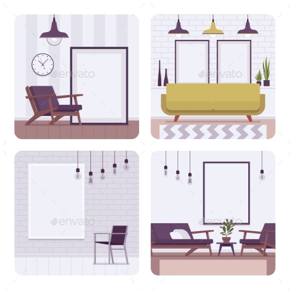 Set of Retro Interiors, Frames for Copyspace and - Man-made Objects Objects