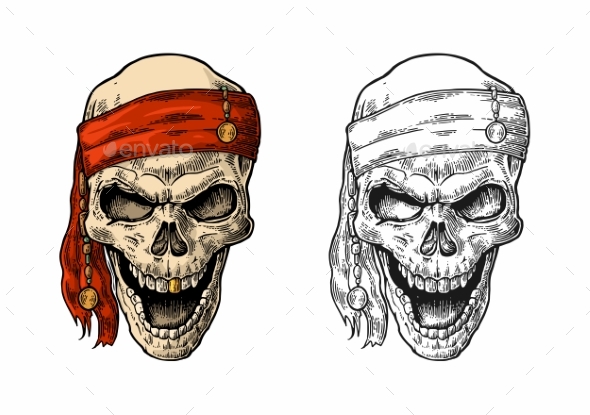 Skull Pirate in Bandana Smiling Black Vintage - Tattoos Vectors