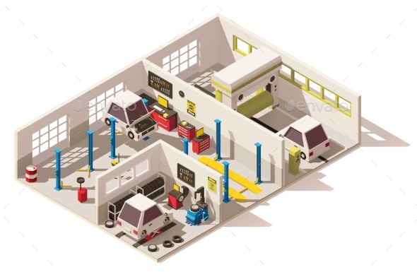 Vector Isometric Low Poly Car Service Center - Buildings Objects