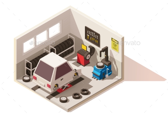 Isometric Low Poly Car Tire Service Icon - Buildings Objects